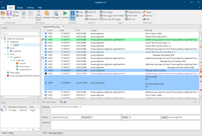 Log4View interface with logger tree, log messages and detail view